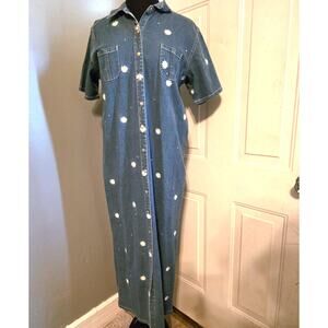 Vtg 90s Quaker Factory Button Down Denim Shirtdress Daisy Flowers Rhinestones M